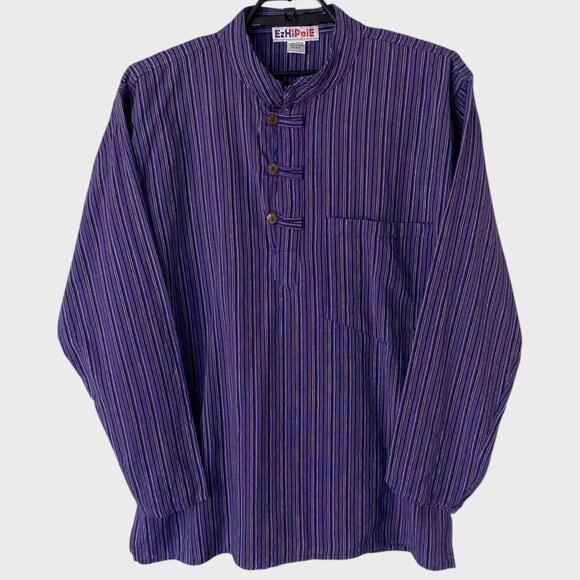 EzHippie Retro Striped Grandad Collared Shirt Purple Men's Size XXL 100% Cotton - Picture 1 of 10